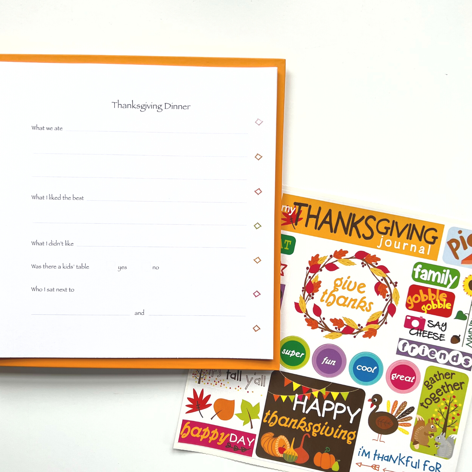 Thanksgiving Journal for kids with open page and sticker sheet