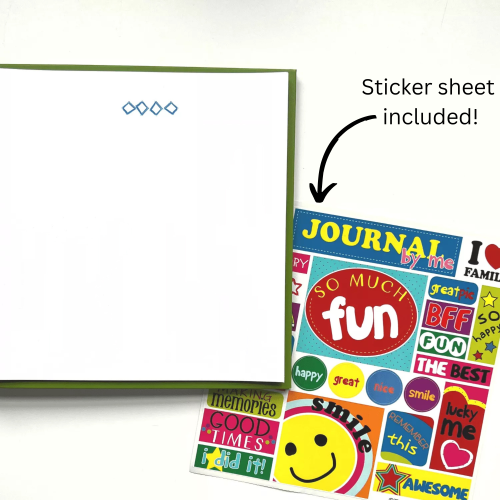 Kids Blank Journal shown with text sticker sheet included