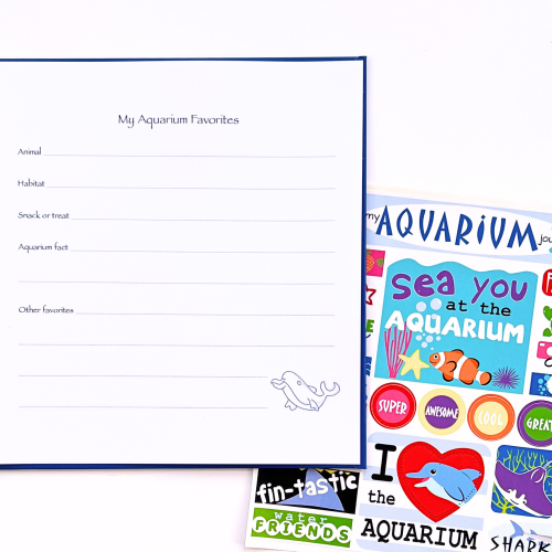 Kids Aquarium Journal with open page and sticker sheet