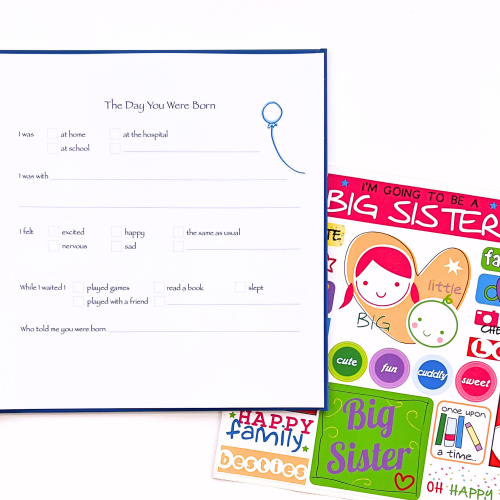 Big Sister Kids Journal with open page and sticker sheet