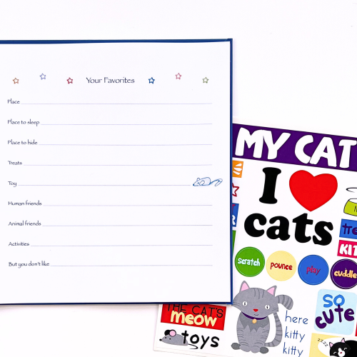 I Love My Cat Kids Journal with open page and sticker sheet