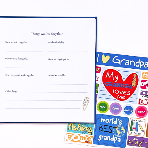 I Love You Grandpa Kids Journal with open page and sticker sheet