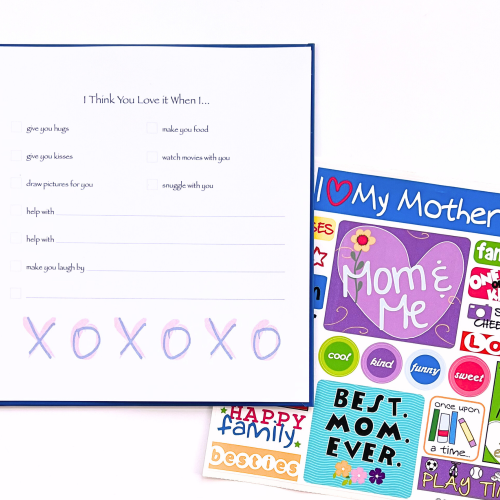 Kids I Love You Mom Journal with open page and sticker sheet
