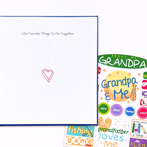 Grandpa, Tell Me About You Kids Journal with open page and sticker sheet