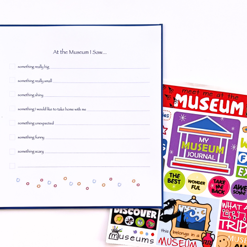 Kids Museum Journal with open page and sticker sheet