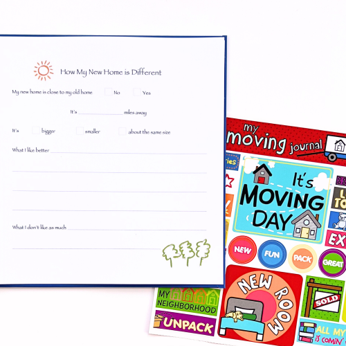 Kids Moving Journal with open page and sticker sheet