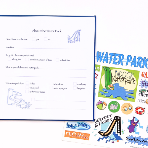 Water Park Kids Journal with open page and sticker sheet