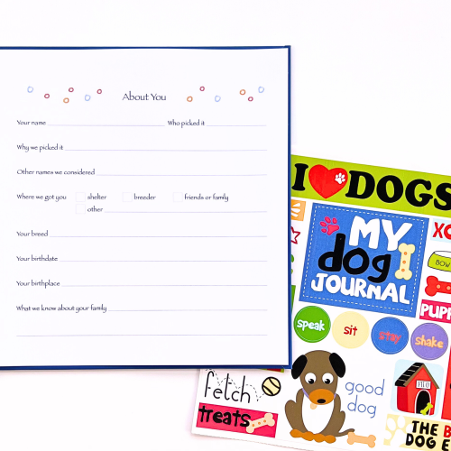 I Love My Dog Kids Journal with open page and sticker sheet