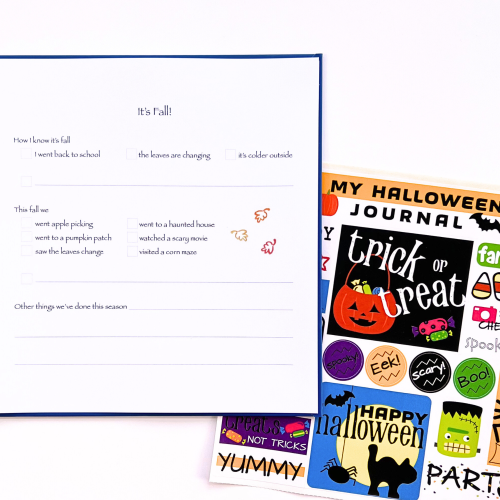 Halloween Kids Journal with open page and sticker sheet