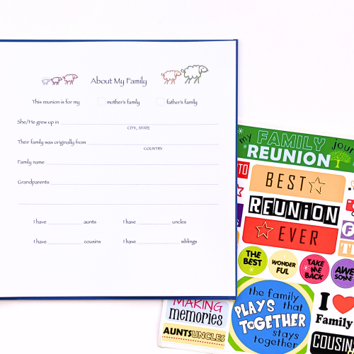 Family Reunion Kids Journal with open page and sticker sheet