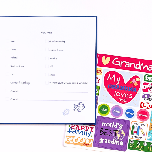 I Love You Grandma Kids Journal with open page and sticker sheet