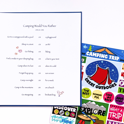 Camping Trip Kids Journal with open page and sticker sheet