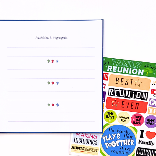 Kids Family Reunion Journal with open page and sticker sheet
