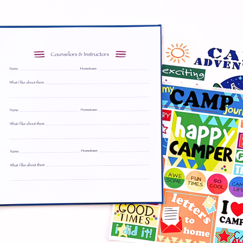 Camp Kids Journal with open page and two sticker sheet options