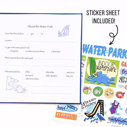 Water Park Kids Journal with sticker sheet included shown with open page